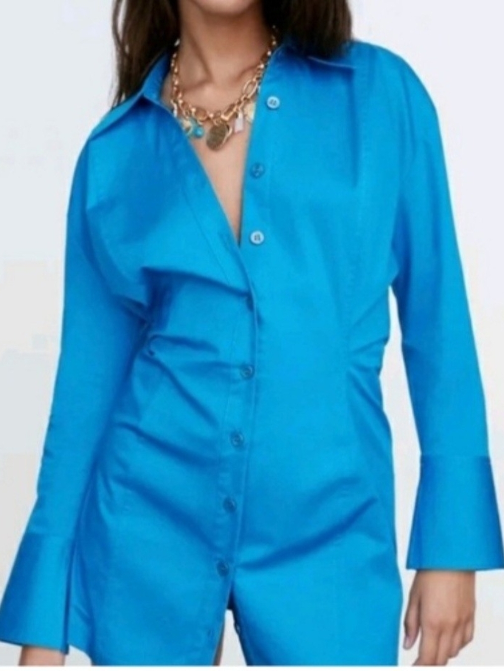 Zara Vibrant Turquoise Button-Down Shirt Dress - Picture 4 of 7
